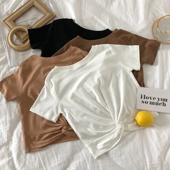 

Photo Shoot pring Summer New Style WOMEN'S Dress Korean Style Solid Color Front Knot Short Sleeve T-shirt Women's