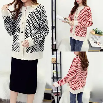 

Women Button Cartoon Plaid Print Knitted Short Cardigan Long Sleeve Casual Warm Loose Korean Sweet Sweater Jumpers