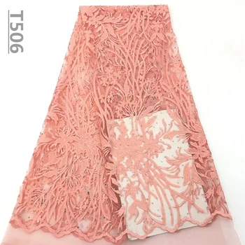 

Peach African Lace Fabric 2019 3D Flowers Stones Tulle Lace Fabric High Quality Beautiful French Tulle Lace Fabric