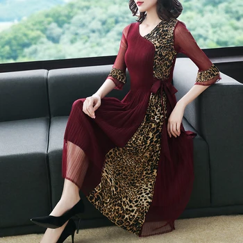

2020 Spring New European American Fashion Leopard Stitching Dress High Waist Temperament Folds Dress Women Clothes Burgundy