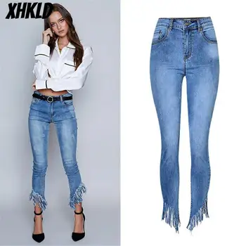 

2018 New Ultra Stretchy Blue Tassel Ripped higt waist Jeans Woman Denim Pants Trousers For Women Pencil Skinny Jeans