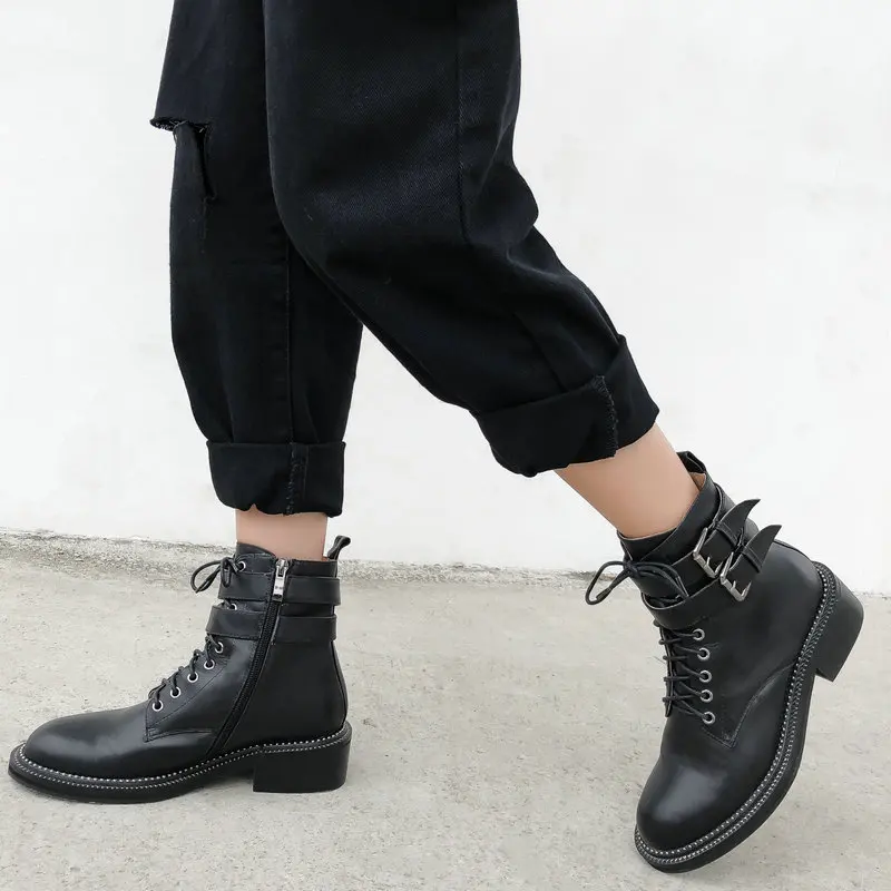 Spring Autumn genuine leather Low Heels Women Ankle Boots Lace Up Western Short Boots Casual Shoes Woman
