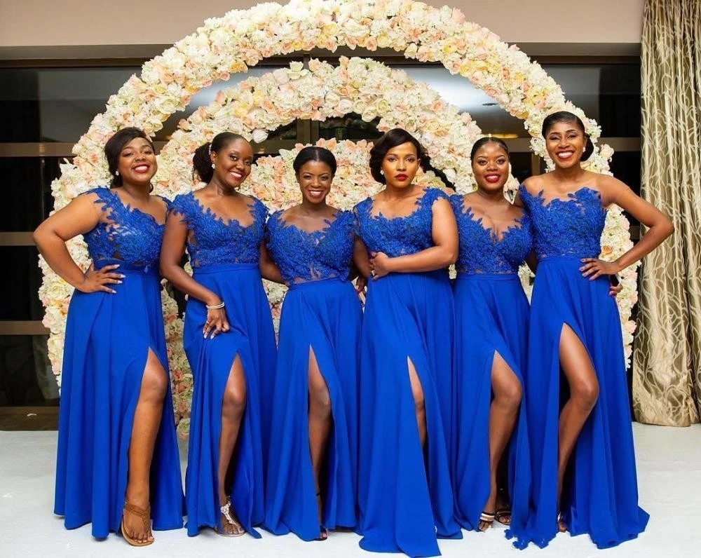 Royal Blue Dress For Maid Of Honor Plus Size Royal Blue Bridemaid Dresses Sheer O-neck Lace Applique High Side Split Wedding Guest Dress Maid Of Honor Gowns - Bridesmaid Dresses - AliExpress