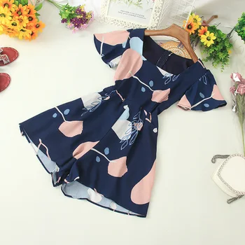 

2020 Bohemian Style Summer Women Beach Rompers White/Blue Short Sleeve Print Square Collar High Waist Boho Jumpsuits Playsuits