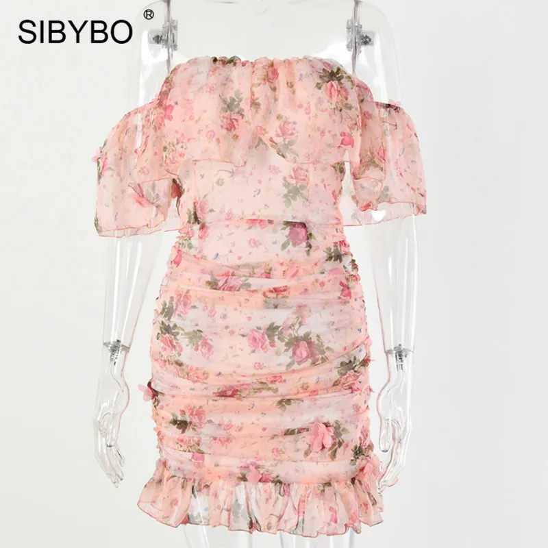 SIBYBO/сексуальное облегающее платье с цветочным принтом и открытыми плечами, шифоновое мини-платье с оборками без бретелек, женские пляжные короткие вечерние платья с открытой спиной