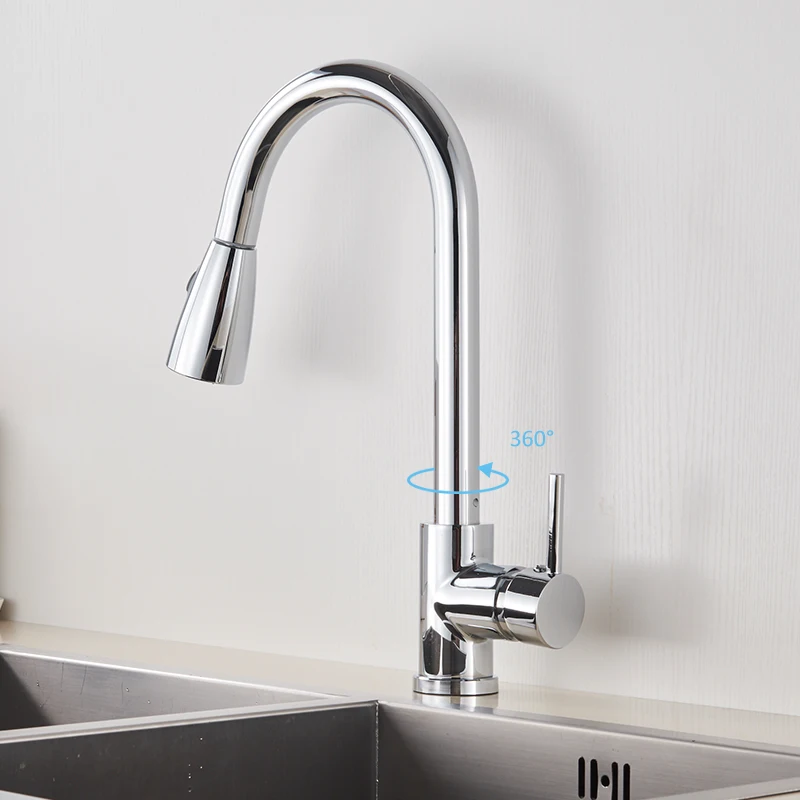  Quyanre RU Shipment Chrome Nickel Pull Out Kitchen Faucet With 2-way Sprayer 360 Rotation Single Ha - 32864316552