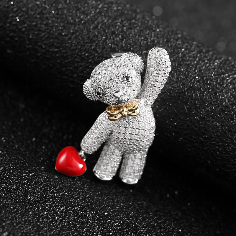 Lovely Bear Crystal Brooches for Women Sweet Teddy Holding Red Heart Enamel Pins Gold Bowknot Brooch Vintage Animal Jewelry