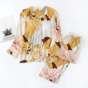 

JULY'S SYJJF Printed Women's Pajamas Cotton Casual O Neck Long Sleeve Button Ladies Nightwear Printing Pajamas Set Sleepwear