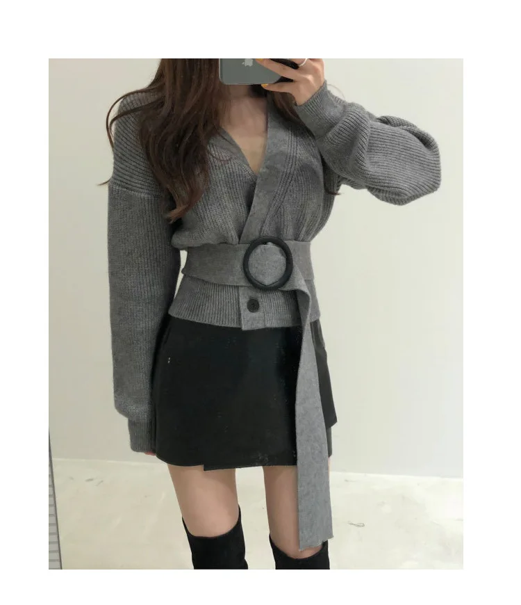 

2020 Autumn/Winter Women's Knit Sweater Top Thick Sweater Warm Casual Sexy Cross V-Neck Loose Lace Short Knit Sweater