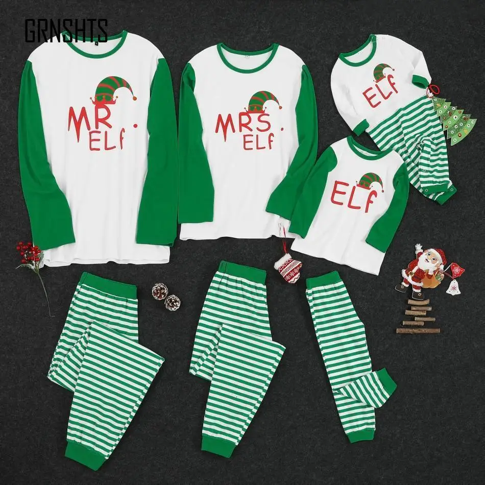 Two Pieces Family Couple Wear Home Service Pajamas Set Christmas Letter Print Striped Parent-child T-shirt Elastic Waist Pants L