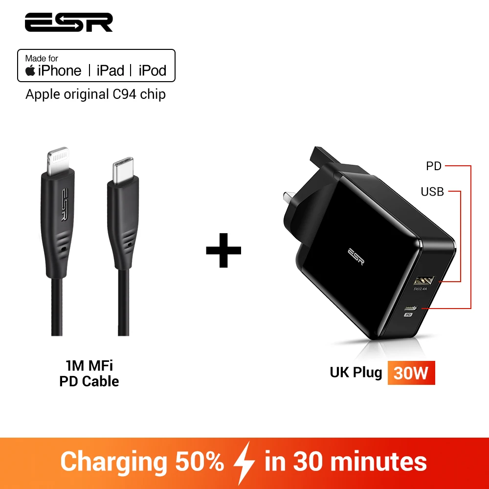 ESR USB C тип-c 30 Вт двойной порт быстрая зарядка настенный ЕС США штекер 18 Вт PD 3,0 быстрое зарядное устройство для iPhone 11 Pro XR XS Max iPad Android - Тип штекера: UK Plug and 1M Cable