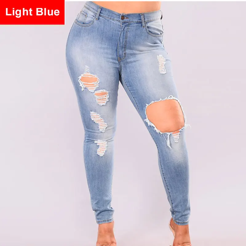 Light Blue Женский дизайн размера плюс, рваные, белые, синие, тянущиеся, обтягивающие, длинные джинсы, 3Xl, 4Xl, весенние, длинные, джинсовые, узкие брюки, джинсы для мам - Цвет: Light Blue