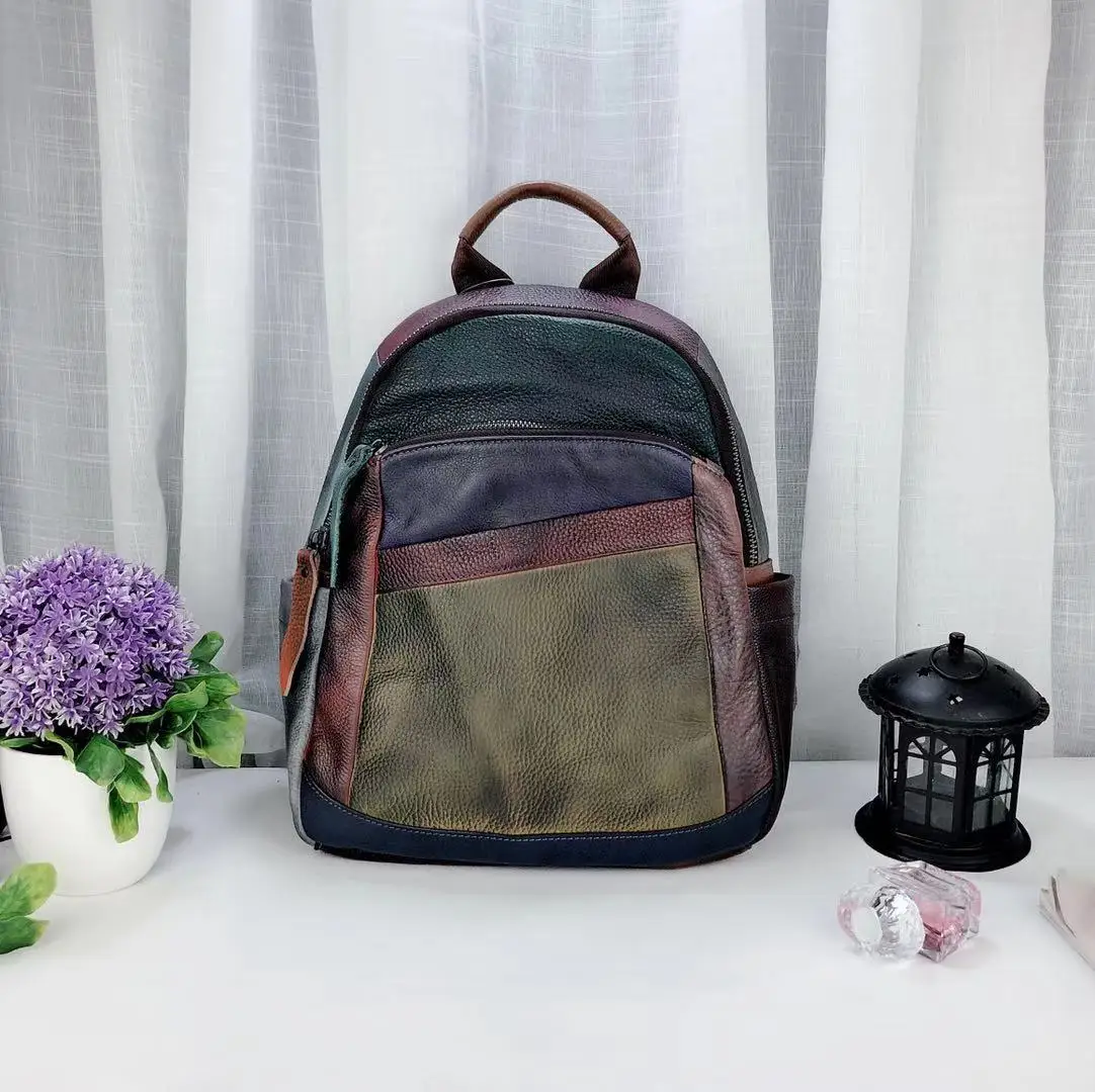 Женский рюкзак из натуральной кожи с эффектом потертости, винтажный стиль, разноцветная сумка в стиле пэчворк, женская школьная сумка из натуральной кожи