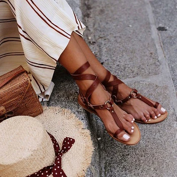 

2020 Woman Summer Shoes Sandals T-strap Flat Square Heels Open-toed Fashion Casual Buckle Strap Cross-tied