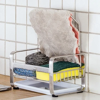 

Sponge Holder Kitchen Sink Caddy Cleaning Brush Soap Organizer Rack, with Drain Tray