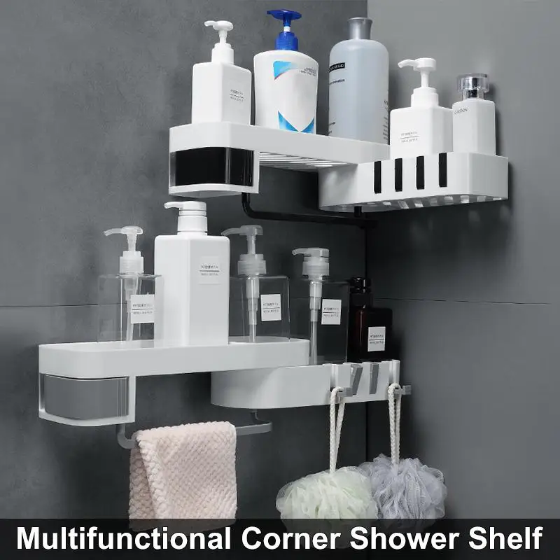 

90/180 Degrees Corner Shower Holder Bathroom Shelf Wall Mounted Kitchen Storage Organizer Bathroom Storage Rack with 4 Hooks