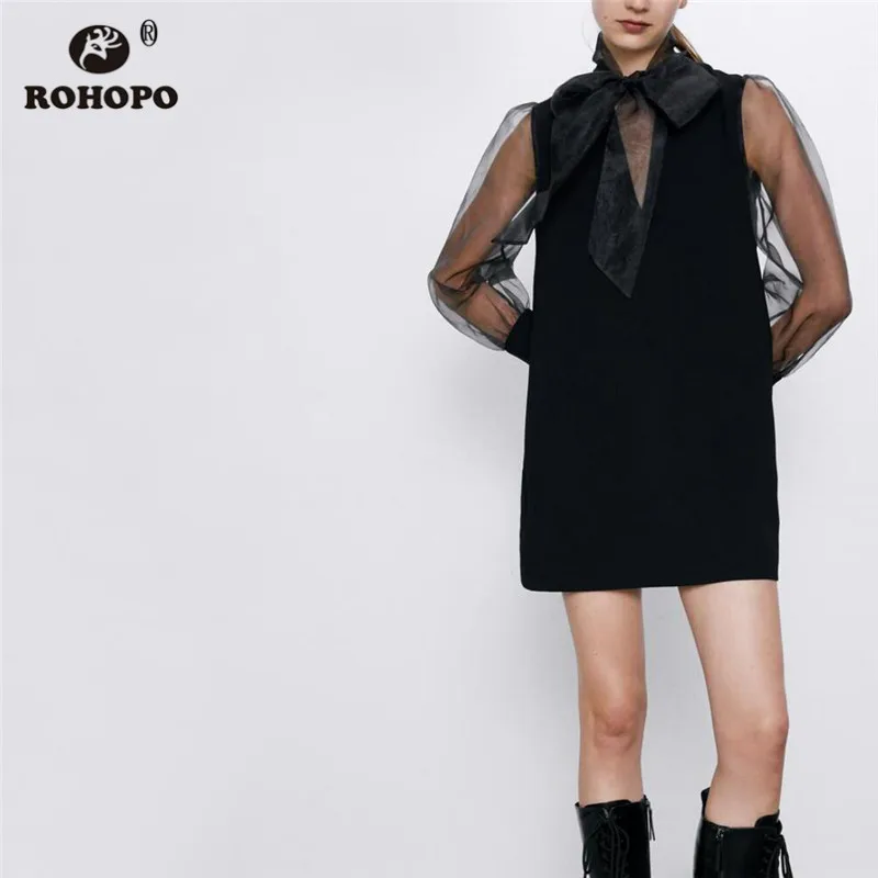 ROHOPO Tulle Sleeve Bow Collar Black Straight Mini Dress Long Ladies Retro Semi Sheer Solid Vestido #9859 | Женская одежда