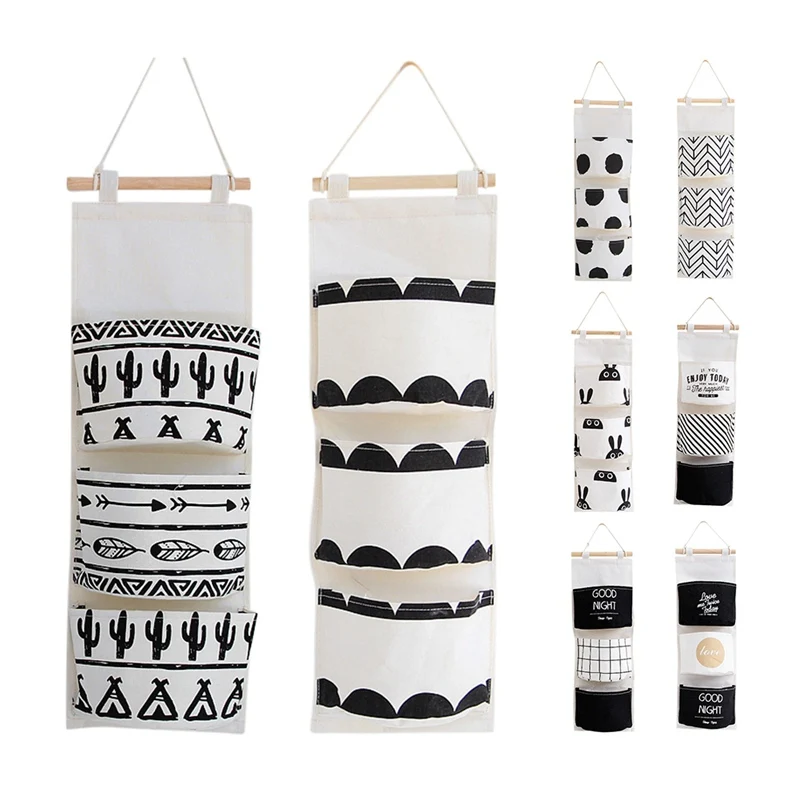 

Nordic Style Three-grids Hanging Bags Simple Cloth Art Storage Hanging Bag Home Hanging Organizer