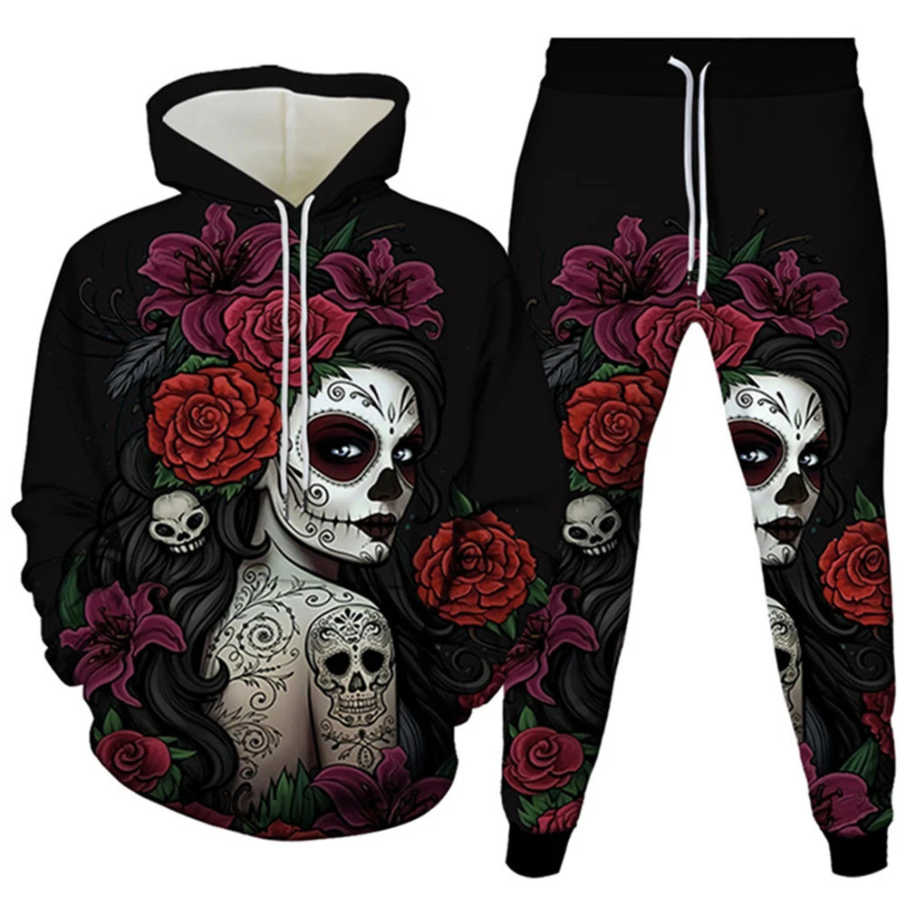 Chándal con estampado calavera y rosa para hombre y mujer, chándal de estilo gótico con