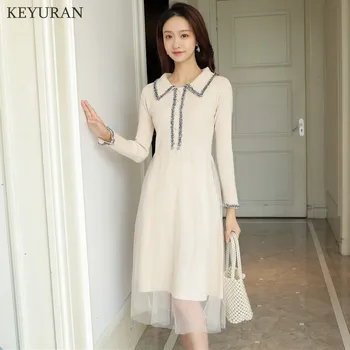 

Peter Pan Collar Women Sweater Dress Autumn Winter Beading Lace Stiching Long Dress Elegant Slim Knitted A Line Pink Black Dress