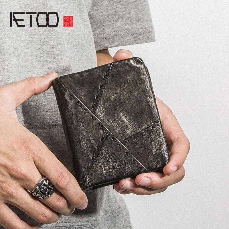 Kopen AETOO Handgemaakte lederen portemonnee mannen korte sectie verticale rits persoonlijkheid mannen geld portemonnee jeugd vintage mannelijke Vintage portemonnee