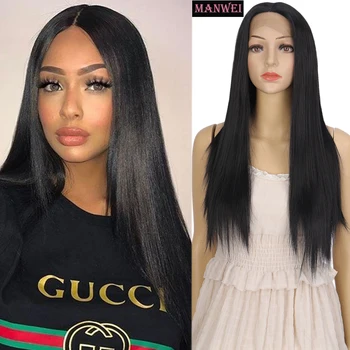 

MANWEI Rihanna same style lace black synthetic lace front wig female black long straight hair cosplay daily dinner party wedding