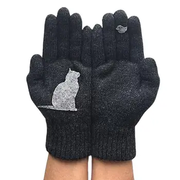 

Women Winter Faux Wool Thick Warm Knit Gloves Cartoon Cat Bird Patchwork Mittens