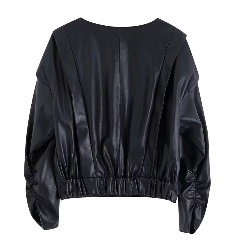 Leisure Women Cascading Decoration PU Leather Shirt Spring Lady Long Sleeves Blouses Loose Tops S6792