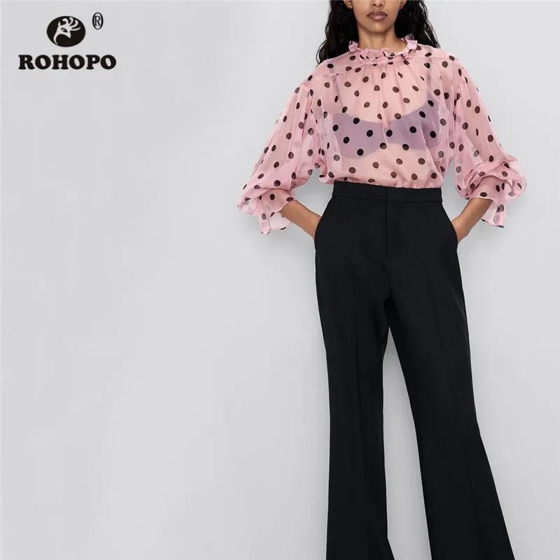

ROHOPO Ruffled Semi Turtleneck Lantern Long Sleeve Polk Dot Pink Chiffon Blouse Semi Transparent Ladies Pullover Blusa #2418