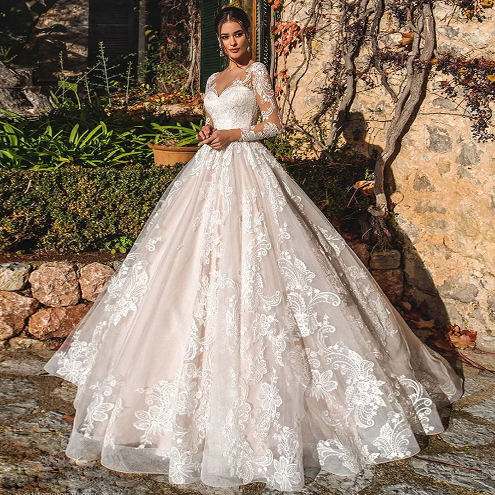 Newest Ball Gown Wedding Dress Long Sleeve Robe De Mariee Illusion Back Trouwjurk O-Neck Gorgeous Sukienka Na Wesele Brautkleid tea length wedding dress