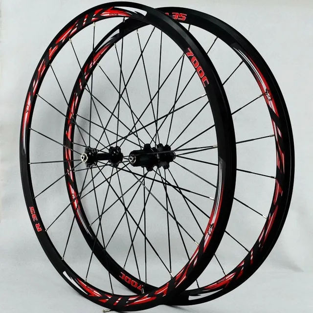 700C колеса из сплава космическое дорожное колесо для велосипеда V тормозная алюминиевая колесная колесо колеса велосипеда диски герметичные подшипники плоские спицы 12sp - Цвет: R35 black hub red