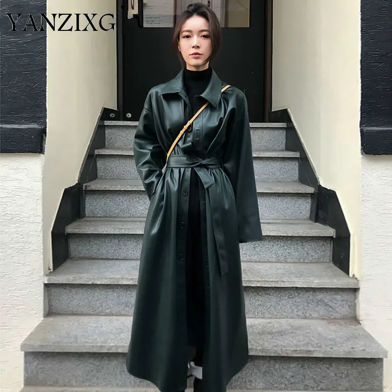 

2019 Spring Autumn Streetwear Style Women Full Sleeve Turn-down Collar Adjustable Waist Pu Loose Coat Tide Z737