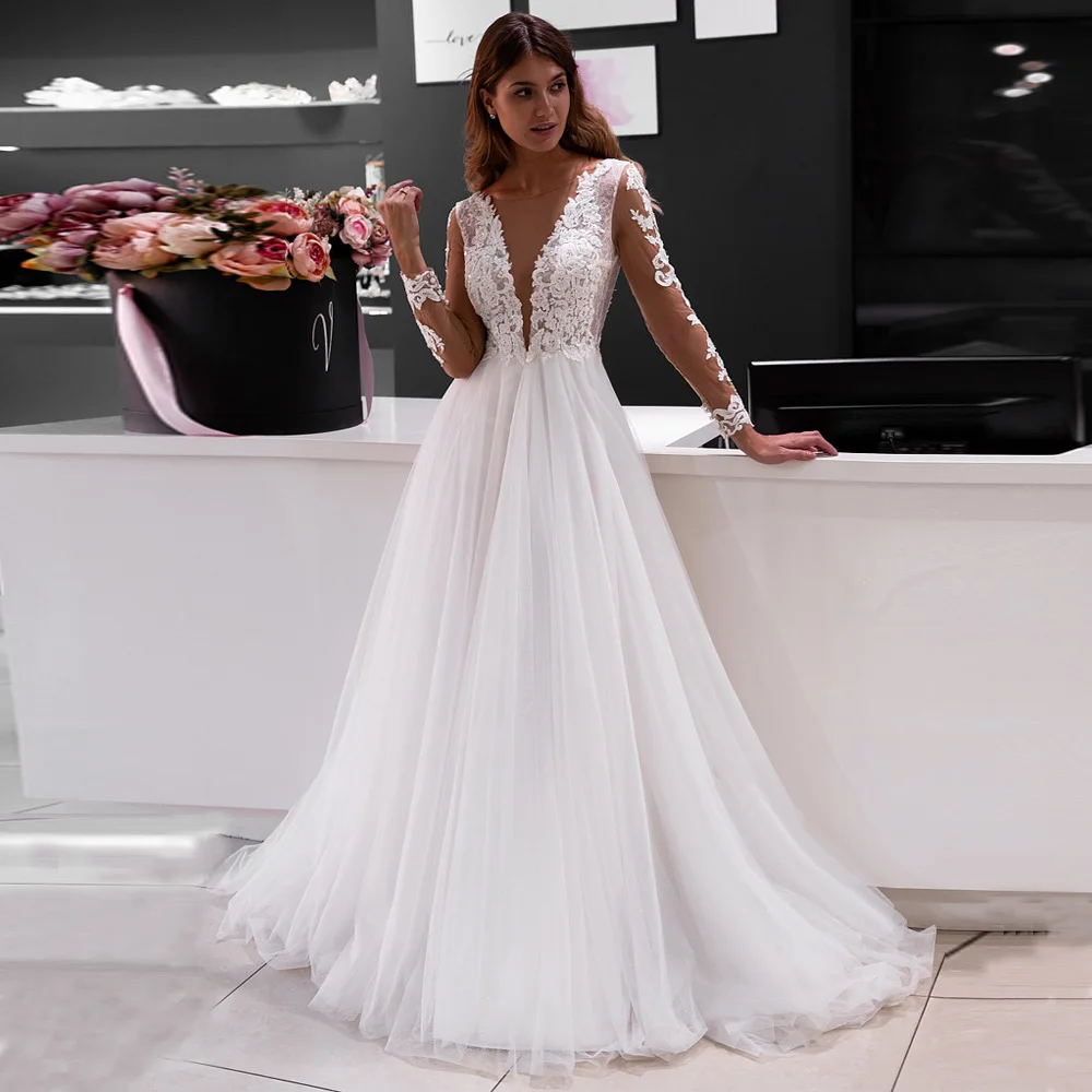 Jiayigong свадебное платье невесты Vestido De Casamento с длинными рукавами и глубоким вырезом