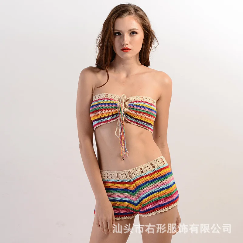 

European And American-Style Sexy Women's Bikini Swimsuit Sun Net Red Hot Selling Crochet Two-Piece Beach Set