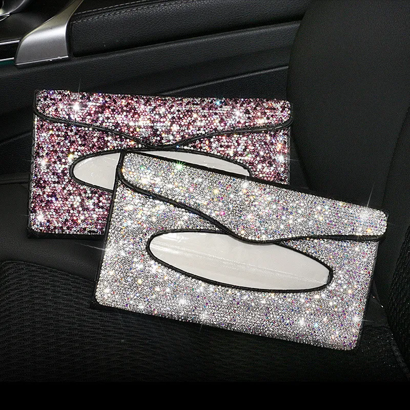 

Car Sun Visor Tissue Box Holder Diamonds Bling Crystals Cover Case Clip PU Leather Backseat Accessories