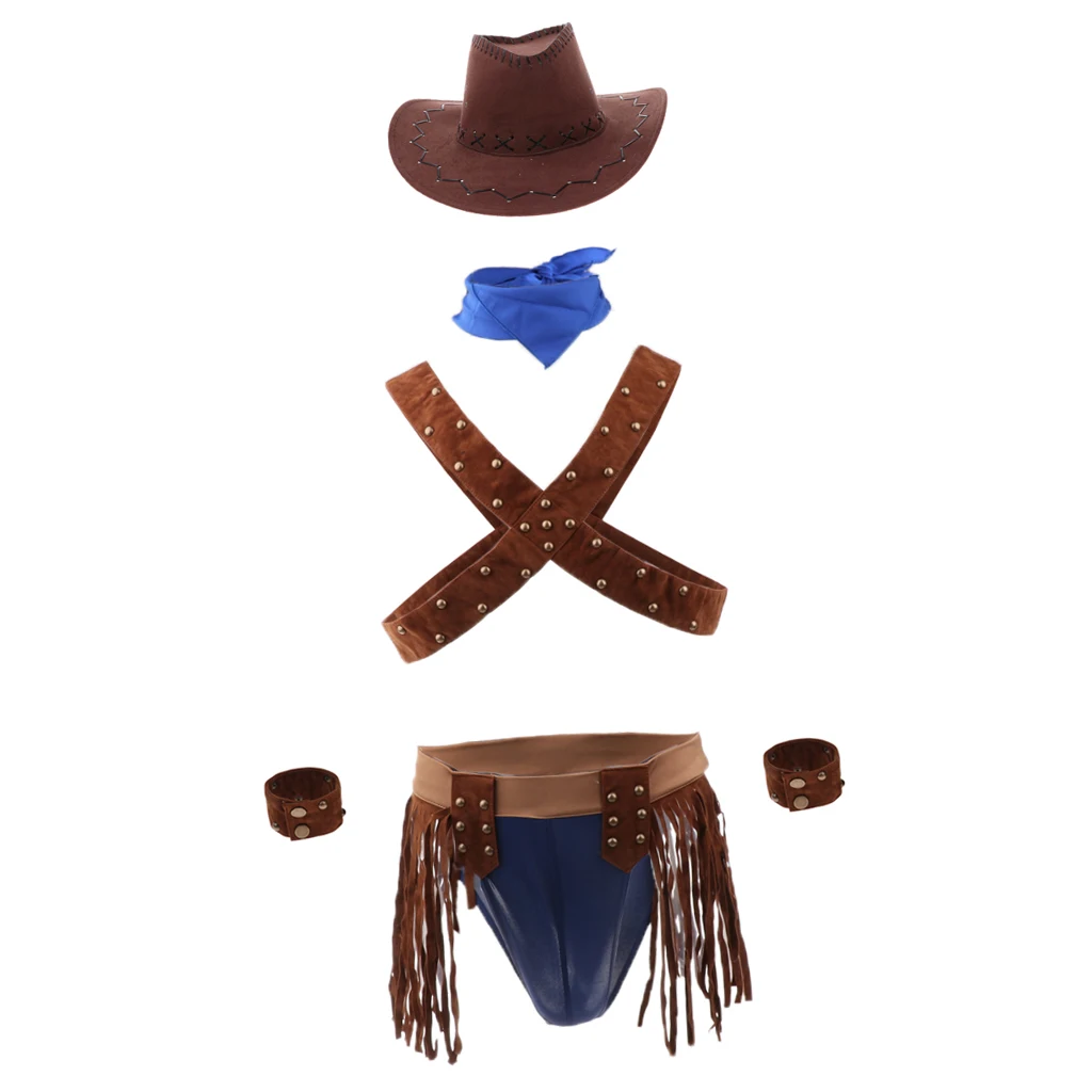 Men Sexy Lingerie Leather Harness Cosplay Role Play Outfit Leather Tops & Tassels Thong & Hat & Scarf & Bracelets Set