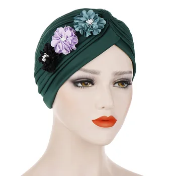 

Muslim Flower Headband Pleated Indian Hat Solid Color Floral Bandanas Women Stretchable Patched Lady Scarf Turban Head Wrap Cap