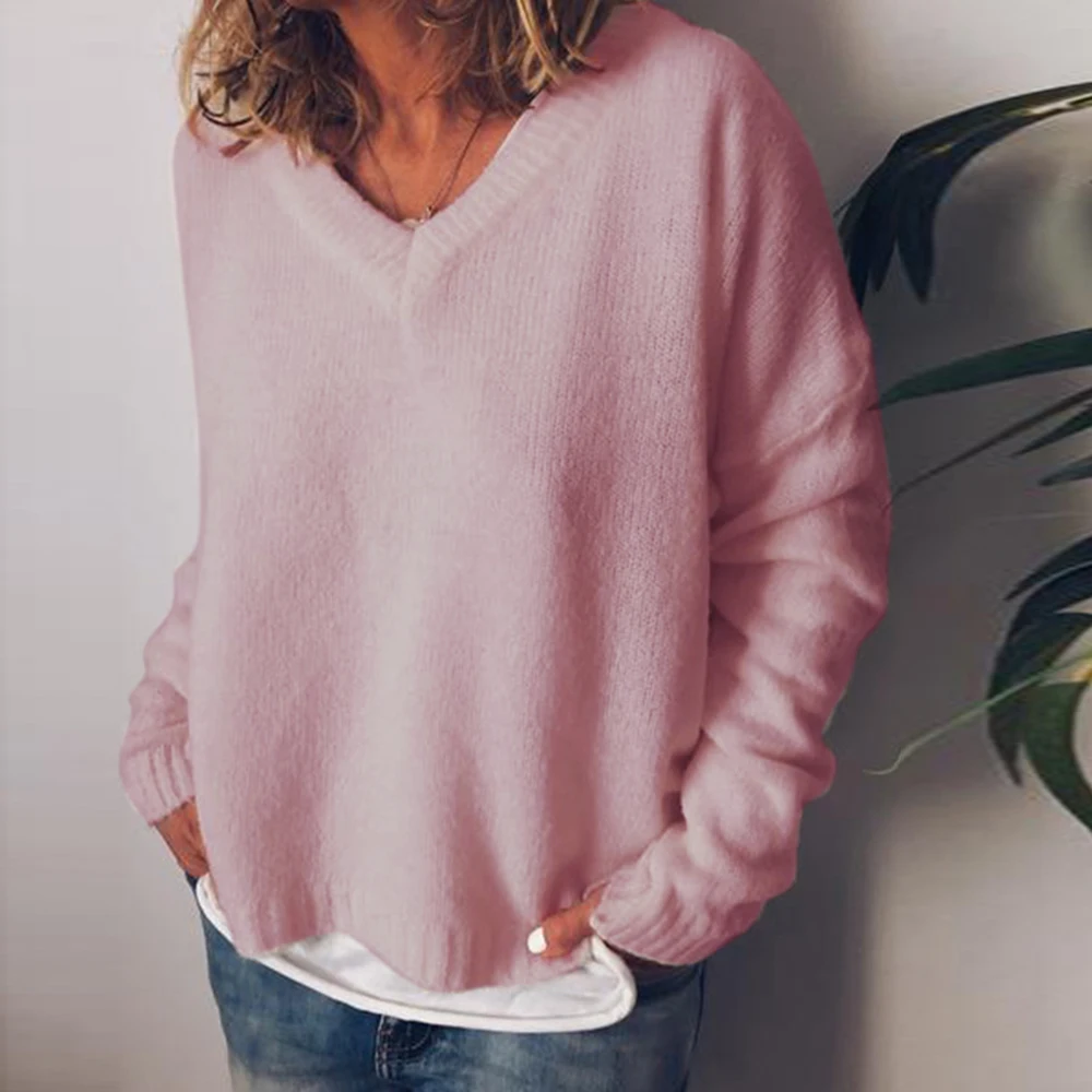 

NIBESSER Autumn Winter New Women Sweater Oversized Casual Long Sleeve Solid Color Pullovers Sweater Loose Lady Sexy V-Neck Tops