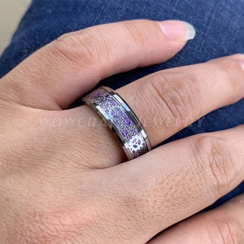 8 мм обручальные кольца из карбида вольфрама серебряные кольца для мужчин и женщин фиолетовые карбоновые шестерни инкрустация полированные блестящие скошенные края