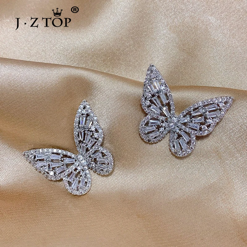 Женские серьги-гвоздики с бабочками Jztop Серебристые серьги кубическим цирконием