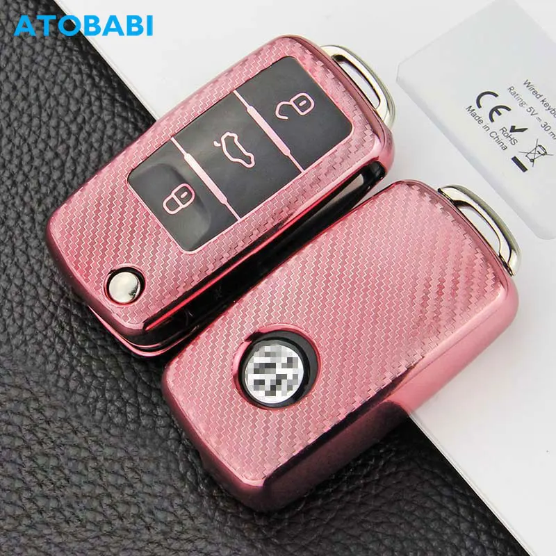 

TPU Soft Car Key Cover For VW Volkwagen Polo Golf Beetle SEAT Skoda 3 Button Folding Keychain Carbon Style Remote Protector Case