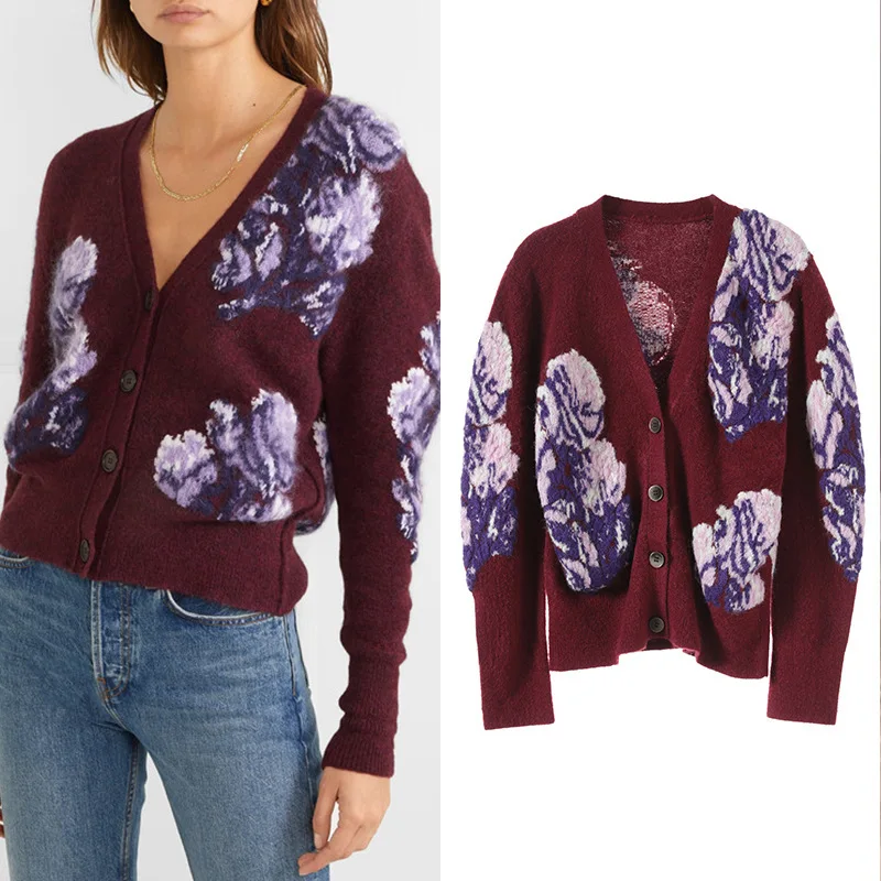 #Special Offers New dark jacquard long sleeve of new fund loose knitting cardigan female SA0803 v neck short coat #Special Offers New dark jacquard long sleeve of new fund loose knitting cardigan female SA0803 v neck short coat