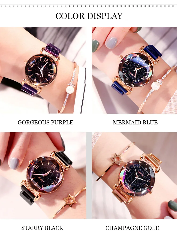 Роскошные для женщин часы модные элегантные Магнит пряжка вибрато Фиолетовый дамы наручные часы Новинка 2019 года звездное небо римская