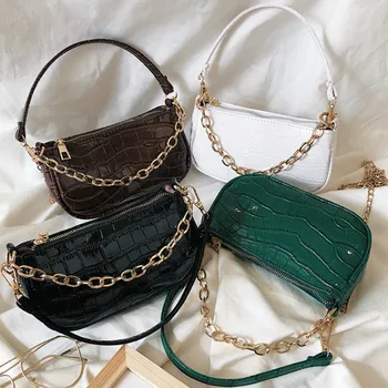 

2020 New Fashion Crocodile Pattern Shoulder Women Bag PU Hand Bag Personality Wild Fashion Patent Leather Baguette Shape Handbag