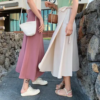 

One Piece Chiffon Midi Skirt Women Solid High Waist Lace Up Sweet Skirts Female 2020 Spring Summer 11 Colors Retro Bottoms