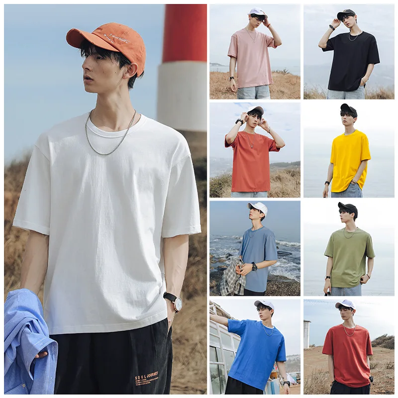 HENCHIRY Men's Short Sleeve Cotton 2020 Summer New Round Neck Loose Harajuku T-Shirt Candy Color Couple Tshirt Shirt | Мужская