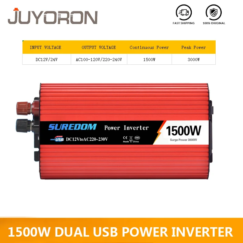 1500 Вт двойной USB DC 12 V/24 V к AC 120 V/220 преобразователь мощности автомобильный инвертор