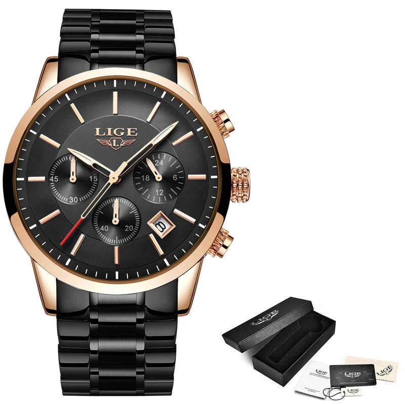 Часы мужские люксовый бренд LIGE Бизнес Мужские часы со светящейся датой водонепроницаемые полностью Стальные кварцевые часы Relogio Masculino - Цвет: rose black