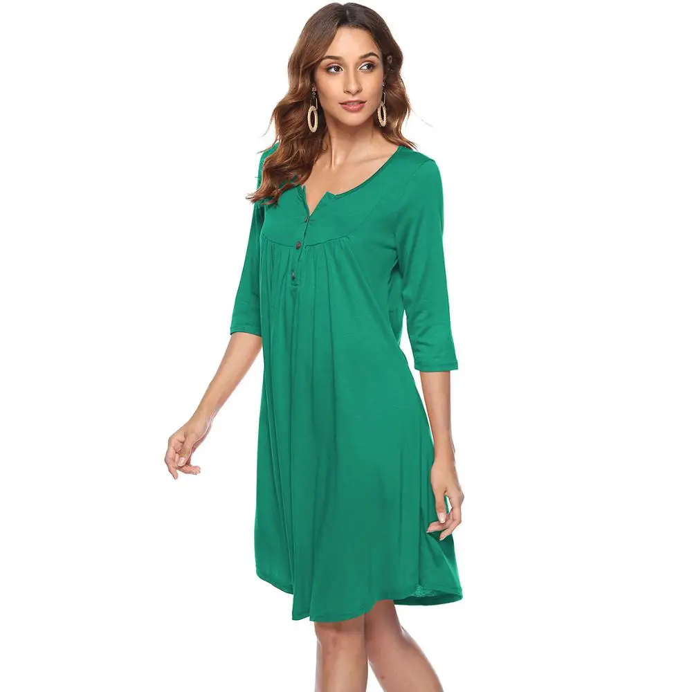 Women Three Quarter Button Knitted Casual Loose Dresses Spring Autumn Dress Fashion Clothing Female Cotton Dress Vestidos