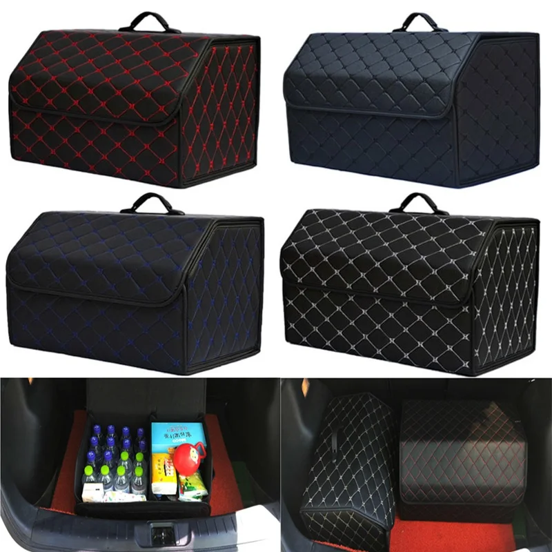 Collapsible Car Trunk Storage Bag Organizer Box with Lid Portable Car Storage Stowing Tidying PU Leather Auto Trunk Organizer